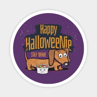 Funny scary Spooky Halloween Cute Doxie Dachshund Dog being Brave Halloweenie Doxy with Treats on a Spooky evening tee Magnet